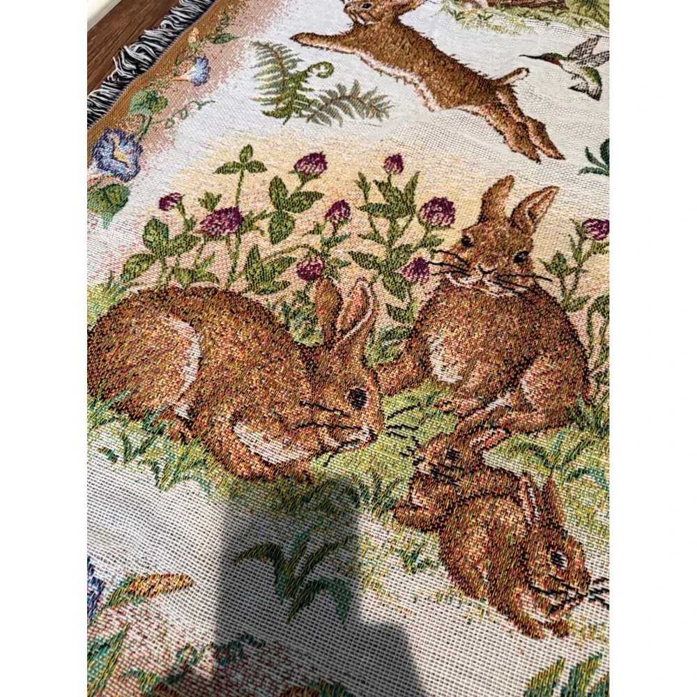 Crown Crafts Woven Tapestry Throw Blanket Rabbit Hummingbird Floral Made in USA